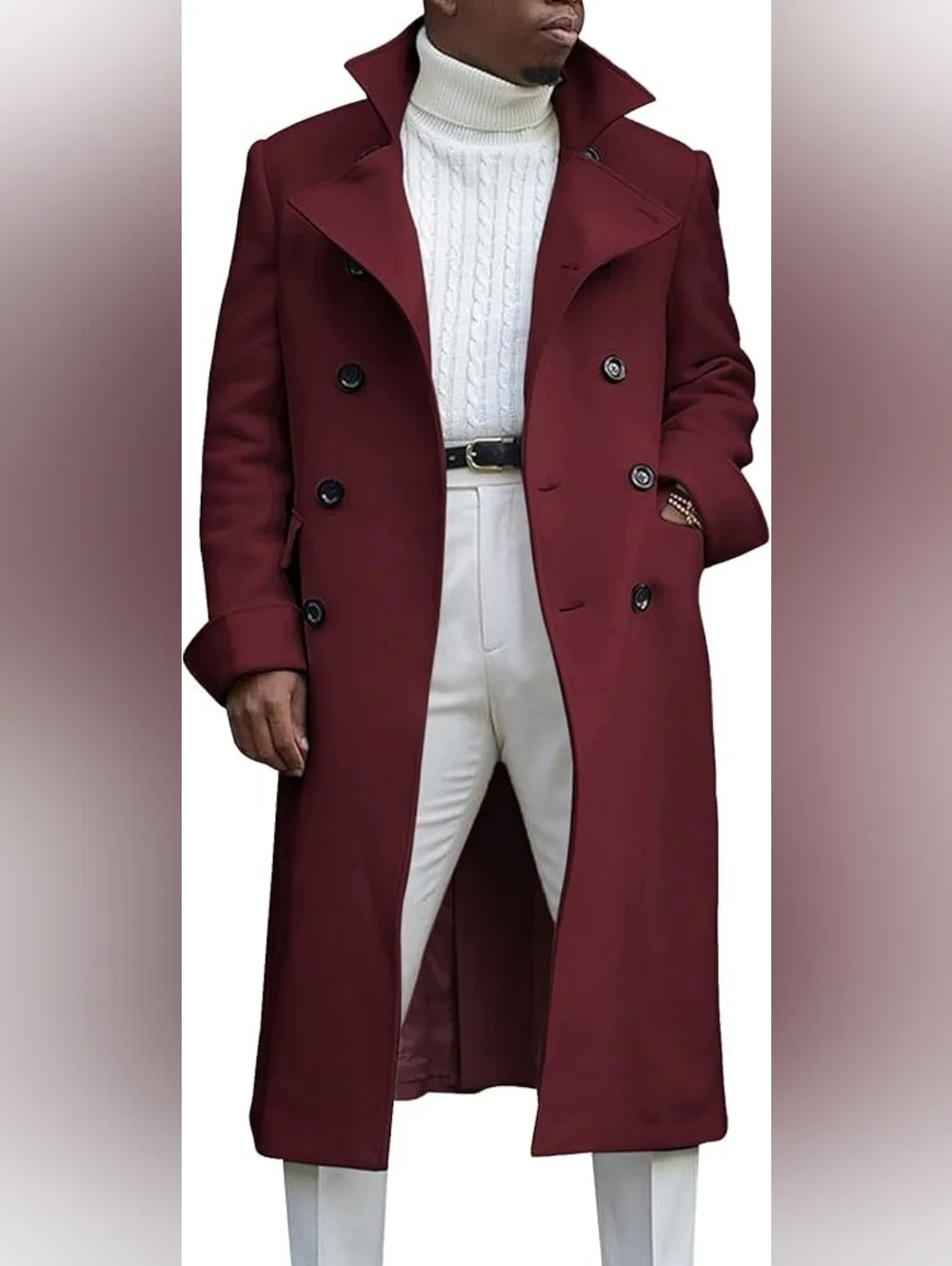 Men's Double-Breasted Long Coat - Burgundy